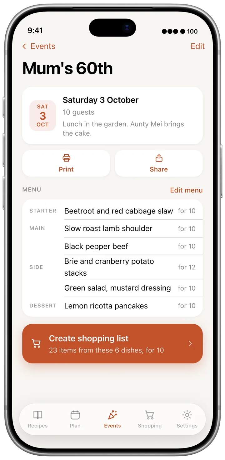 An event, its guests and its menu by course, with Print and Create shopping list
