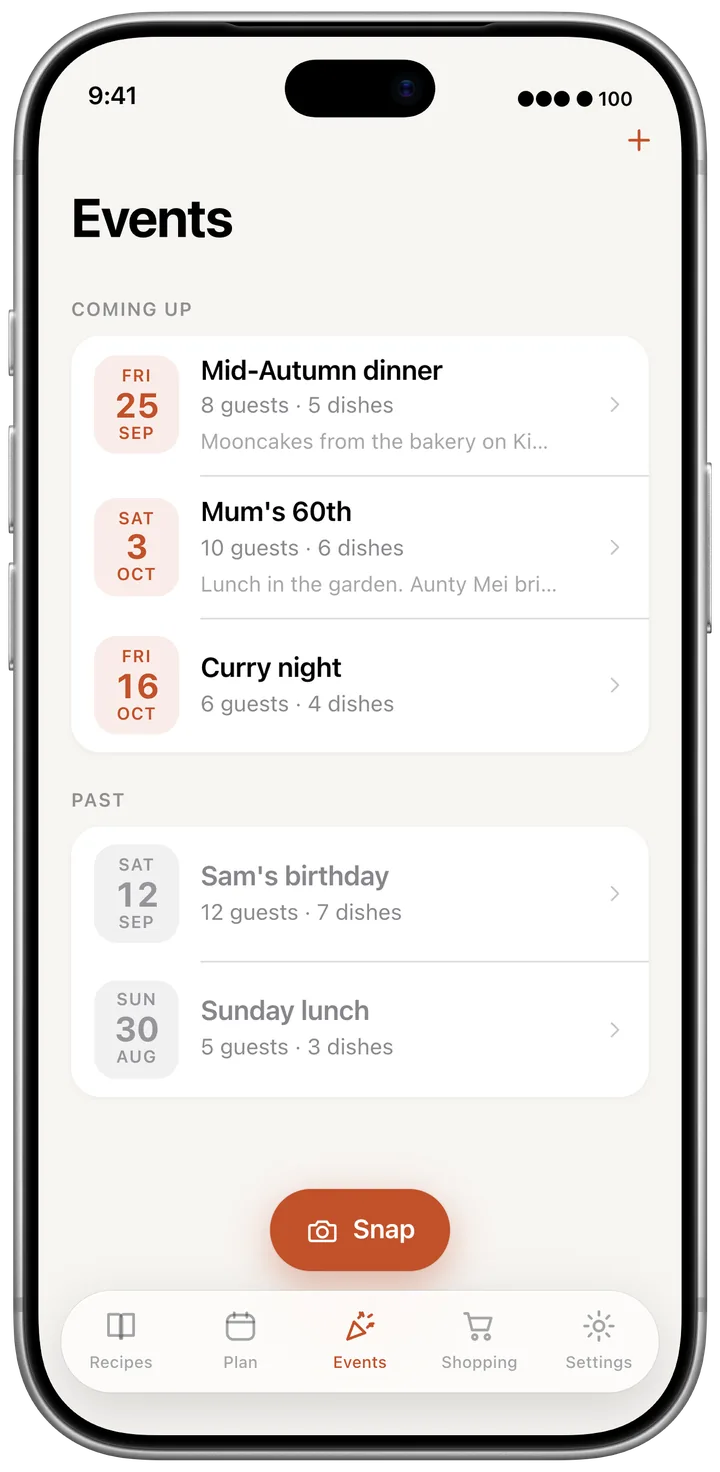 The Events tab, three events coming up and two in the past, each with its guests and dishes