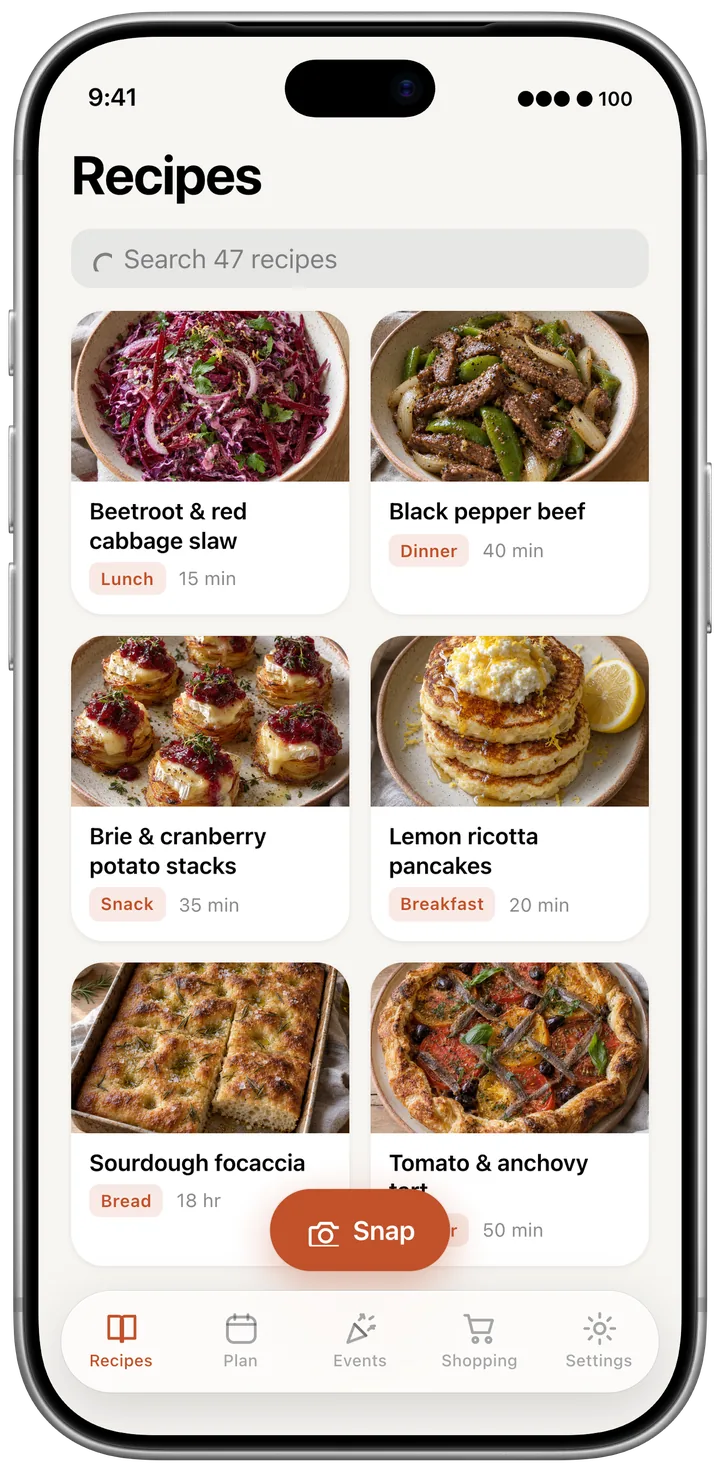 The recipe library, six recipes saved off their pages