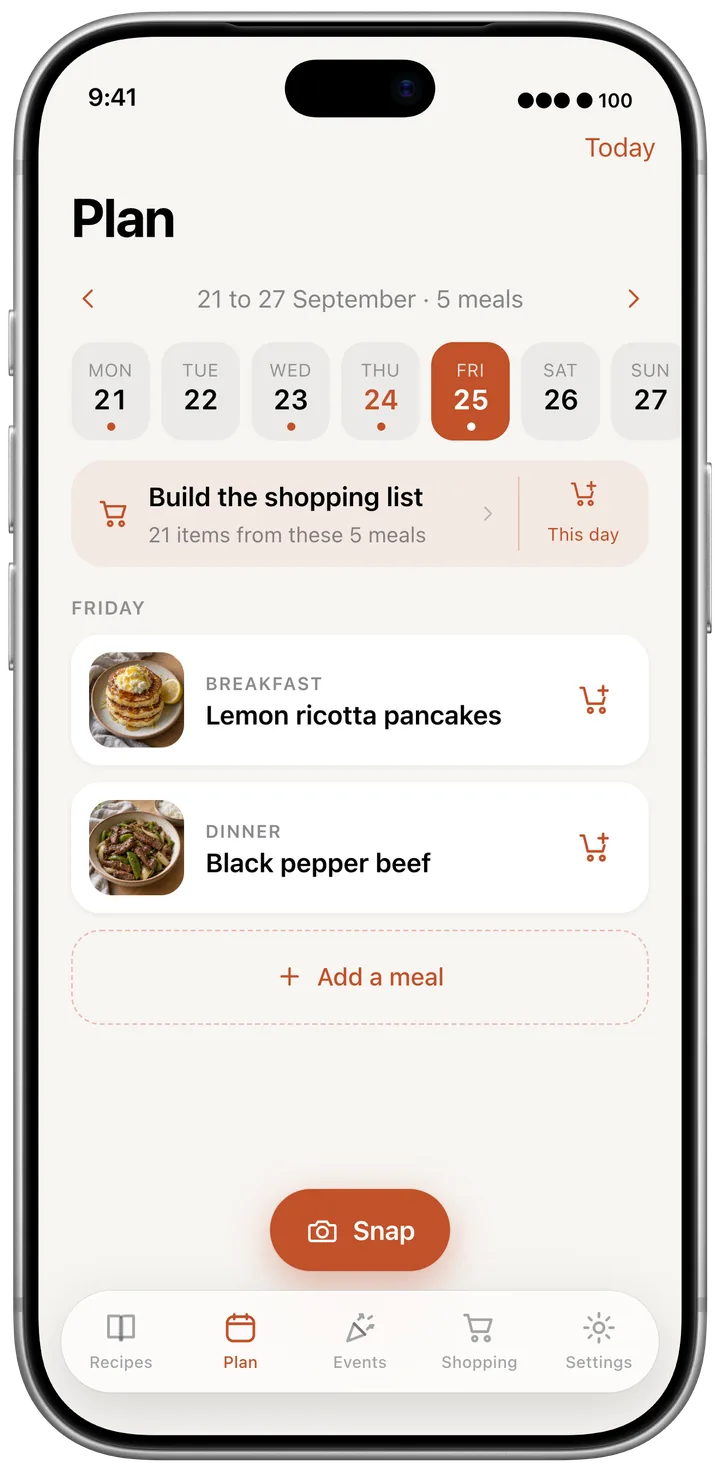 The week as a row of dated squares, Friday selected, breakfast and dinner planned