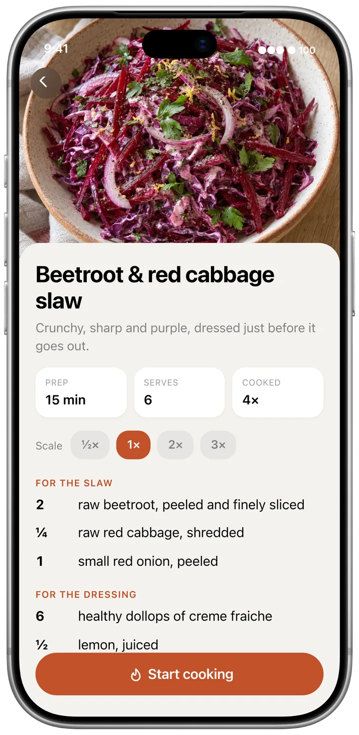 The finished recipe, its ingredients with a scale control and a Start cooking button