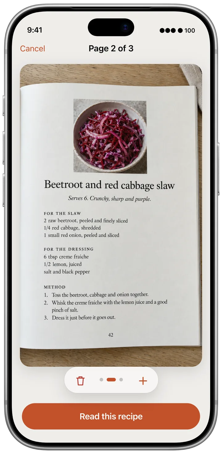 The scan preview, page two of three waiting to be read as one recipe